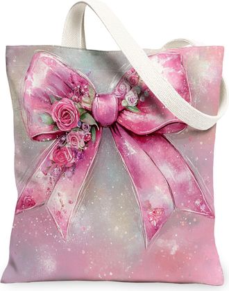 Generic Floral Bow Canvas Tote Bags, Vintage Flower Design Reusable Grocery Bags, Elegant Lightweight Washable Shoulder Strap Canvas for Travel Beach Picnic 1