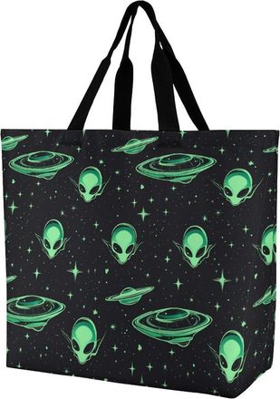 Generic Green Aliens Tote Bag Reusable Grocery Shopping Bags Large Travel One Shoulder Handbag for Picnic Work