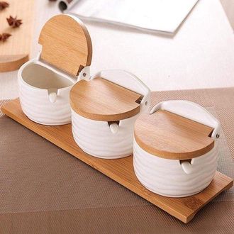 OEM Juego De Especias De Cer&aacute;mica Con Tapas De Bamb&uacute; Y Cucharas Para Az&uacute;car: Organiza Tu Cocina