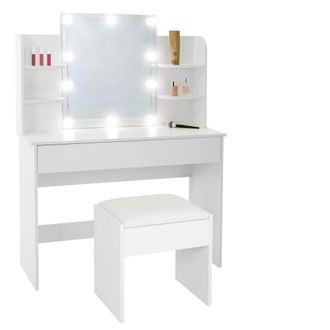 ECD Germany Tocador de maquillaje madera MDF blanco espejo LED, caj&oacute;n y taburete