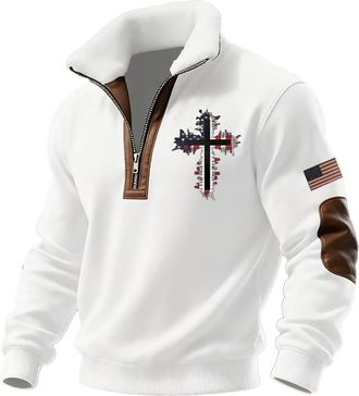 Generic Half Zip Up Mens Sweatshirts Fleece Lined Sweater Christian Sweatshirt Cross Printed Pullover Zipper Stand Up Collar Polo Shirts Fall Warm Winter Swea