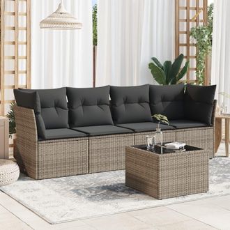 vidaXL Juego De Sof&aacute;s Jard&iacute;n Con Cojines 5 Pzas Rat&aacute;n Sint&eacute;tico Gris Vidaxl