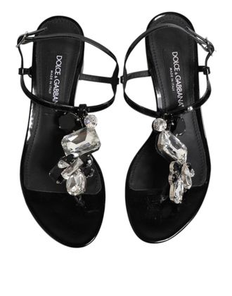 Dolce & Gabbana Womens Black Leather Crystal Ankle Strap Sandals Shoes