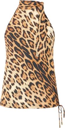 Roberto Cavalli Tops, Dames, Bruin, S, Rayon, Halterneck Top Met Jaguar Huidprint