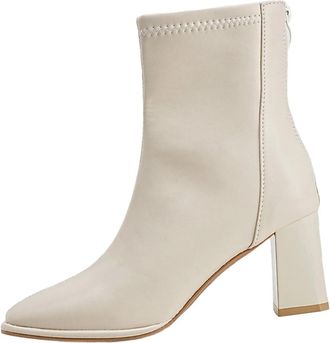 Generic Beige Women Thick Soled Square Toed Block Heel Short Boots for Fall and Winter Comfort Casual Footwear with Fashionable Look