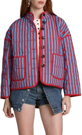 Avec Les Filles Stripe Boxy Quilted Cotton Blend Jacket in Sailor Blue-Tomato S at Nordstrom, Size X-Large