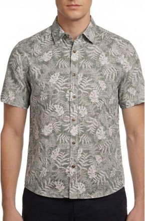 Report Collection Tropical Print Short Sleeve Linen & Cotton Button-Up Shirt in Olive at Nordstrom Rack, Size Xx-Large