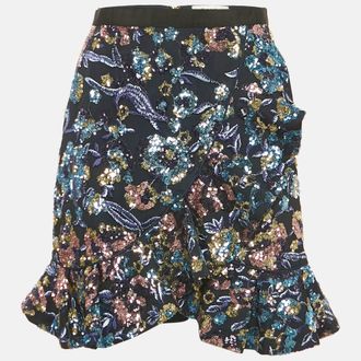 Self Portrait Blue Floral Sequin & Mesh Mini Skirt