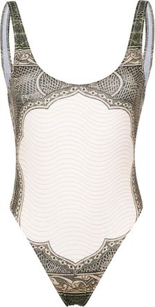 Jean Paul Gaultier Cartouche-print high-cut swimsuit - women - Polyester/Elastane/Polyamide/Elastane - M - Green