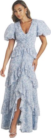 Six Stories Freya Floral Belted Ruffle Maxi Dress in Pale Blue at Nordstrom, Size 8