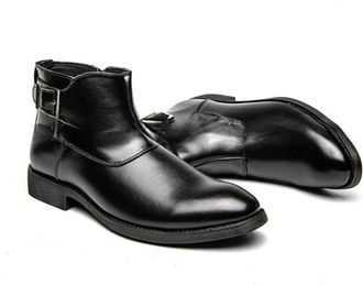 Generic Mens Patent Leather Casual Short Boots Flat Heel Ankle Boots with Side Zipper Round Toe Formal Boot with Buckle,Black,6.5 UK