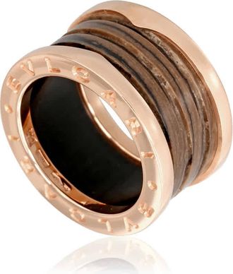 Bulgari B.Zero1 4 Band 18K Rose Gold and Brown Marble Ring, Size 49