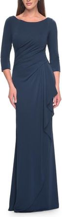 La Femme Chic Long Evening Gown with High Neck and Ruffle Detail in Navy at Nordstrom, Size 20