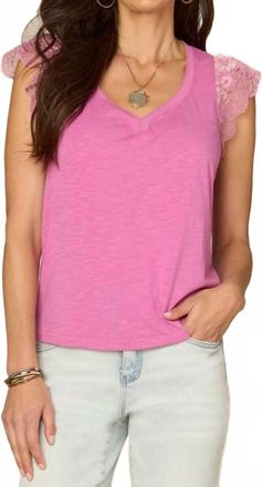 Democracy Flutter Sleeve Scalloped Sweetheart Neck Top In Blooming Orchid
