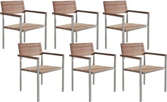 Beliani Set of 6 Garden Dining Chairs Silver Stainless Steel Teak Solid Wood Viareggio