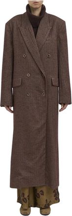 Uma Wang Dubbelrijige Jas van Scheerwol - Dames - Mantel - Bruin - XS - Wol - Jassen