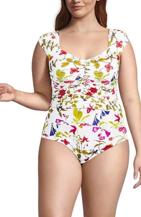 Lands End Ruched Cap Sleeve Tankini Top in White Multi Garden Floral at Nordstrom, Size 22W