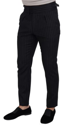 Dolce & Gabbana Mens Pinstripe Wool Trousers Black Nylon Elastane