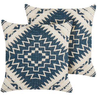 Beliani Conjunto De 2 Cojines De Algod&oacute;n Azul/beige 50 X 50 Cm Geom&eacute;trico Boho Safi