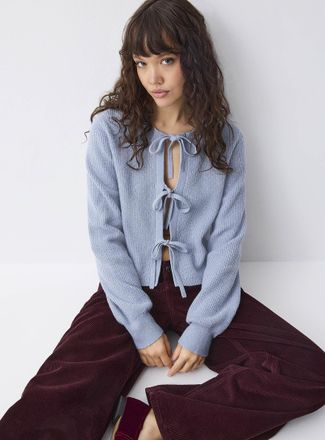 Twik Womens Three bows ribbed Cardigan Sweater