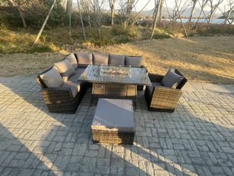 Fimous High Back Rattan Garden Furniture Sets Gas Fire Pit Dining Table Left Corner Sofa Big Footstools Chair 8 Seater in Dark Grey