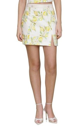 Avec Les Filles Lemon Print Linen Blend Miniskirt in Lemon Vine at Nordstrom, Size X-Small