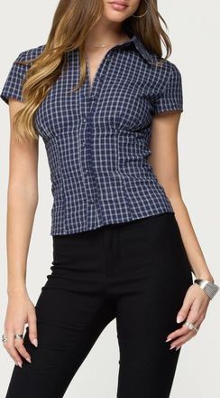 Edikted Oriya Gingham Button-Up Blouse in Navy at Nordstrom, Size X-Large