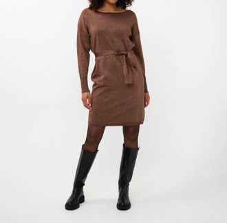 Esqualo Wide Lurex Shimmer Belted Dress In Brandy