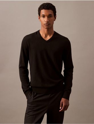 Calvin Klein Mens Extra Fine Merino Blend V-Neck Sweater - Black - XL