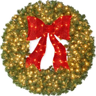Best Choice Products Artificial Pre-Lit Fir Christmas Wreath D&eacute;cor w/ Red Bow, LED Lights, Tips, Plug-In