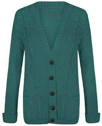 Purple Hanger New Womens Everyday Long Sleeve Button Top Ladies Chunky Aran Cable Knit Grandad Cardigan (12-14, Teal)