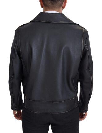 Dolce & Gabbana Mens Black Leather Biker Coat Zipper Jacket Clothing