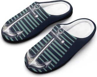 Generic (Anchors)-Green Stripes Mens House Slippers Memory Foam Washable Cotton Slip on Home Shoes