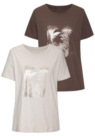 Vivance T-Shirt VIVANCE mit goldfarben schimmerndem Folienprint, Damen, Gr. 32/34, beige (taupe, beige), Jersey, Obermaterial: 100% Baumwolle, bedruckt, metal