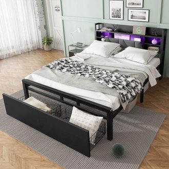 Matteo Metal Bed, Iron Bed, 4ft6 Double Bed With Multi-Color LED Strip Lights & Charging Port in Black