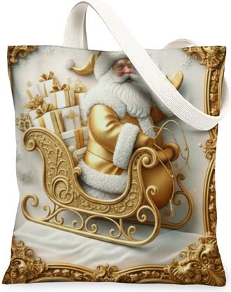 Generic Christmas Sleigh Canvas Tote Bags, Festive Decorative Print Reusable Grocery Bags, Vintage Chic Lightweight Washable Should, Golden, 13x15 Inch