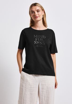 Street One T-Shirt STREET ONE, Damen, Gr. 36, schwarz, Jersey, Obermaterial: 50% Baumwolle, 50% Modal, bedruckt, regular fit taillenbedeckt, Rundhals, gerader Ab