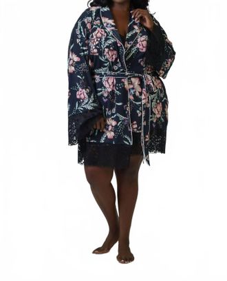 Kilo Brava Satin & Lace Long Sleeve Short Robe - Plus In Navy