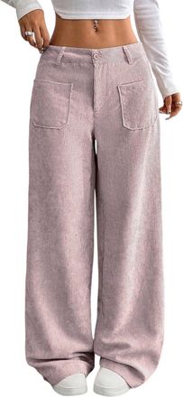 Generic Womens Corduroy Wide Leg Trousers with Elastic Waist Ladies High Waisted Baggy Pants with Pockets Autumn Casual Loose Fit for Daily Outdoor Streetwear