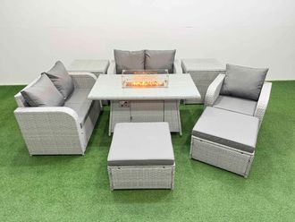 Fimous High Back Poly Rattan Garden Furniture Set w/ Reclining Chair Loveseat Sofa Firepit Dining Table Indoor Outdoor Patio Set 2 Big Stool 2 Side