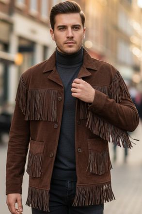 Infinity Leather Mens Western Retro Brown Cowboy Suede Fringe Jacket - Crimson - Dark Brown - Size X-Large