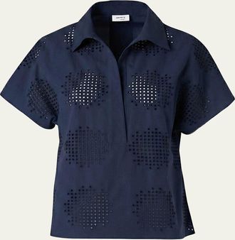 Akris Eyelet Cotton Poplin Cap-Sleeve Collared Blouse