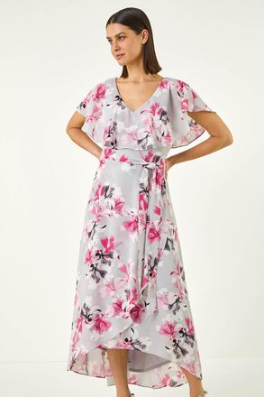 Roman Floral Frill Belted Wrap Dress