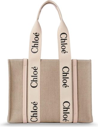 Chloé Woody Linen Shoulder Bag With Leather Inserts-Donna