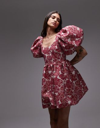 & Other Stories Vestito corto rosa broccato a fiori con maniche a sbuffo e schiena scoperta