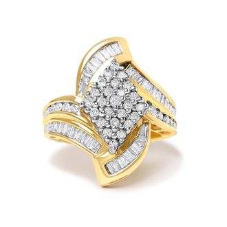 House of Brilliance 14K Yellow Gold 1-1/3 Cttw Round and Baguette Diamond Bypass Cocktail Ring