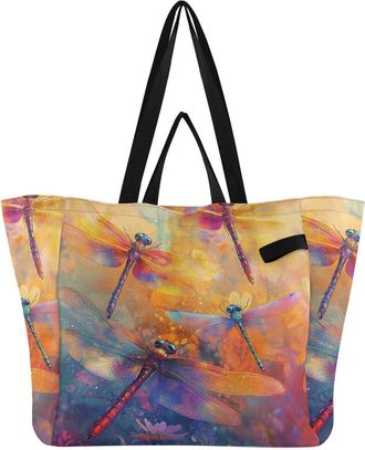 Generic Dragonfly Orange pattern Reusable Canvas Tote Bag, Heavy Duty Grocery Shopping Bag with Double Handles Large Capacity Hard Bottom Work Groceries Trave