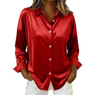 Generic Womens Satin Shirts UK 2026 Spring Fashion Blouse Casual Long Sleeve Button Down Lapel Neck Tops Dressy Comfy Solid Color Loose Fit Shirt Ladies Elega