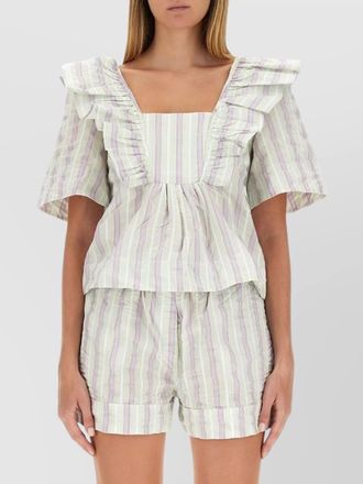 Ganni square neckline striped ruffle blouse