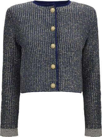 Balmain Womens Cardigan Quilted Sequin Navy-Green Polyamide Navy/green Sweater